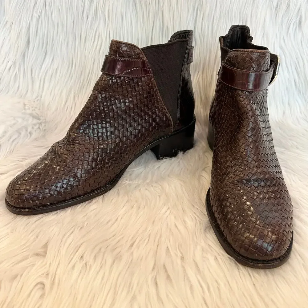 Brighton Winona Woven Leather Ankle Boot Snake Print Silver Buckle Chelsea Brown - Picture 3 of 10